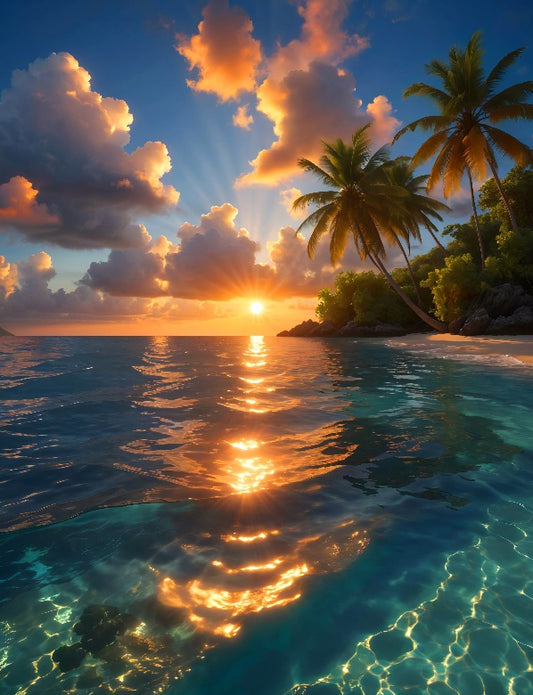 "Bild mit LED Hintergrundbeleuchtung, Sonnenuntergang am Meer – Strand & Palmen“