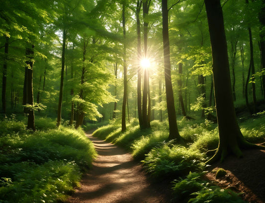 "Sonnenlicht Waldpfad" Verwandeln Sie Ihren Raum in eine Oase der Ruhe und fangen Sie den magischsten Moment des Tages ein