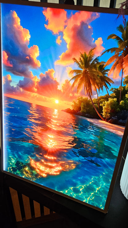 "Bild mit LED Hintergrundbeleuchtung, Sonnenuntergang am Meer – Strand & Palmen“