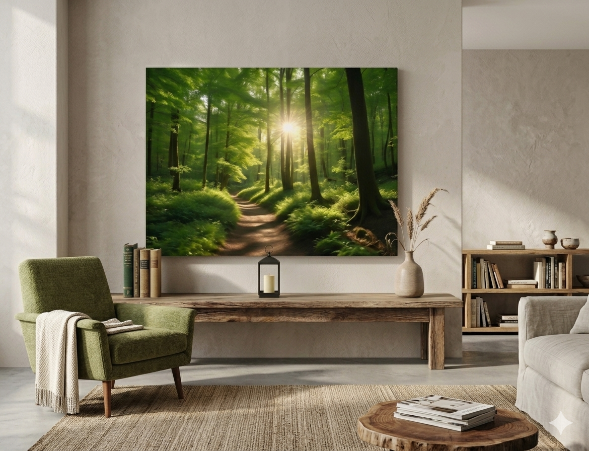 "Sonnenlicht Waldpfad" Verwandeln Sie Ihren Raum in eine Oase der Ruhe und fangen Sie den magischsten Moment des Tages ein